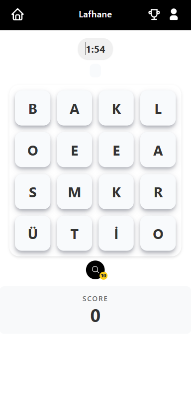 Lafhane gameplay screen with a 4x4 letter grid