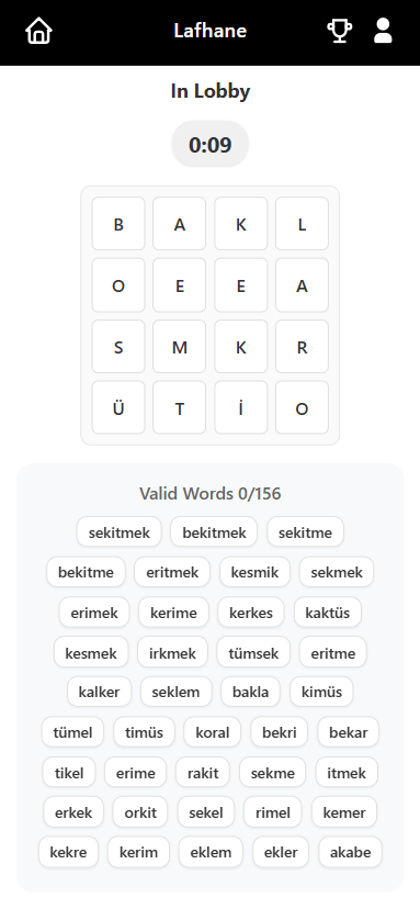 Lobby screen showing valid words from the latest round